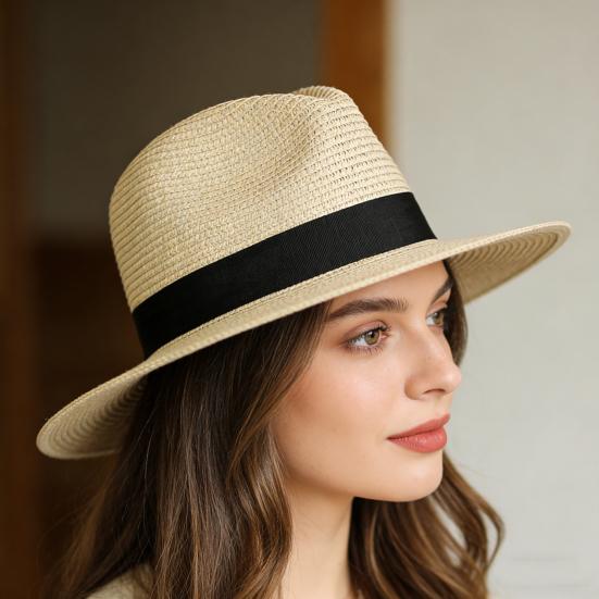 Straw Hat High-Density Natural Straw Fabric Lightweight Breathable Sun Protection Wide Brim Flat Top Summer Hat