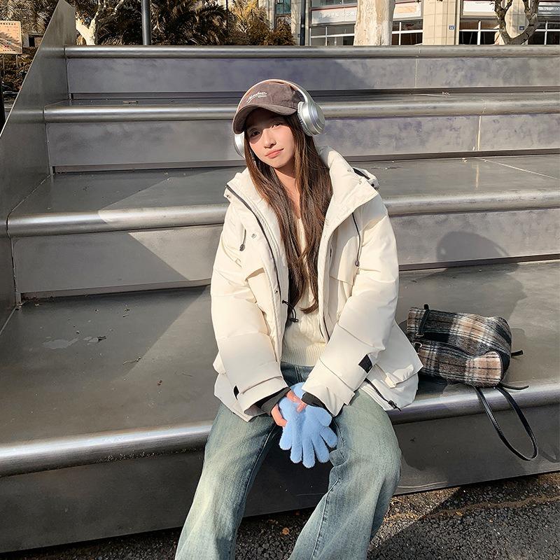 Hooded Solid Color Graphite Stand-Up Collar Down Cotton Clothing Season Warm Puffs Skinny Loose Jacket