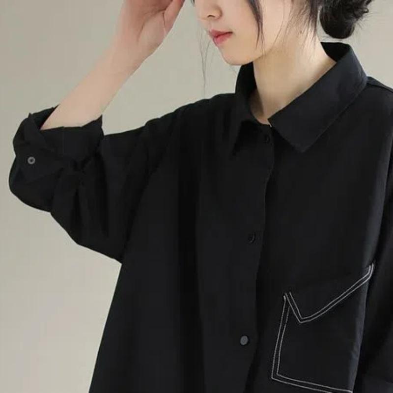 Spring Autumn Solid Irregular Women's  New Spliced Polo Collar Button Fashion Loose Pocket Casual Long Sleeve Blouses Shirts