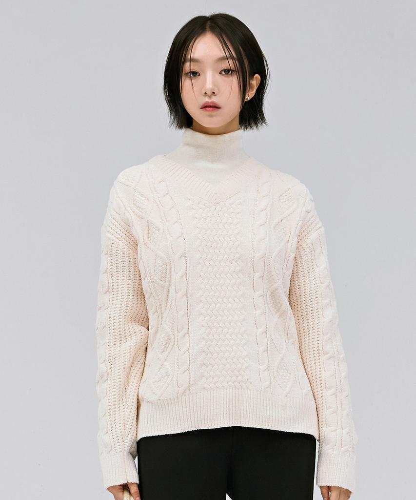 CHASECULT Women'S V-Neck Cable Sweater - Ivory