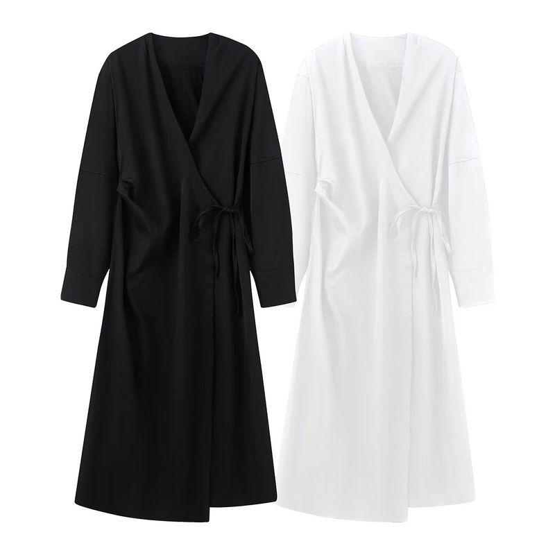 Kaslead New Women clothes Western Style Fashion Long sleeve V-neck Wrap Shirt Dress