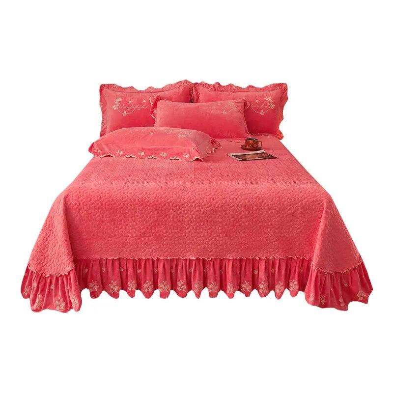 Thickened Velvet Bedspread Coverlet Quilted Soft Bed Sheet Embroidery Ruffle Skirt Queen King Size 3pcs Droppshipping