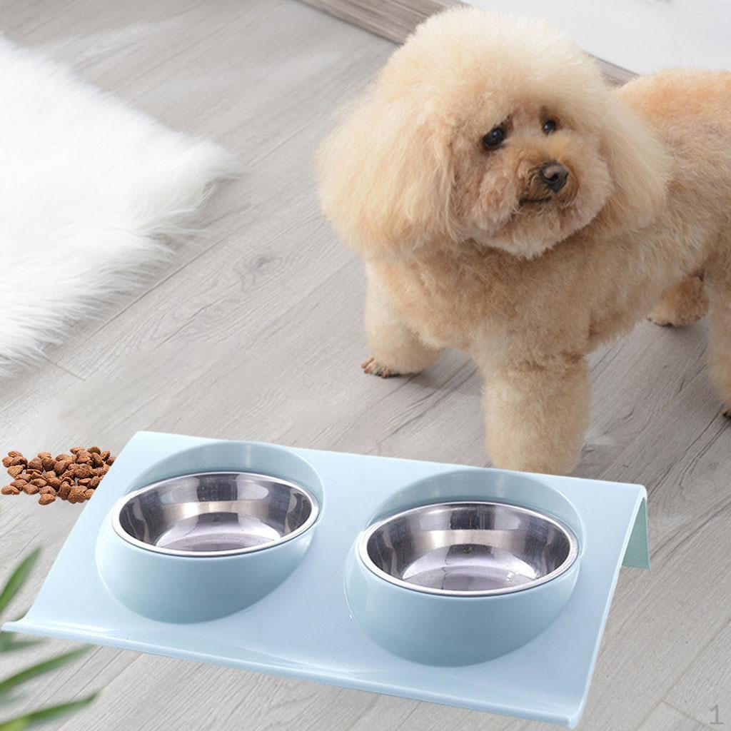 Cat Feeder Stainless Steel Bowls, Tilted Raised Food Nonslip Pet Feeding Bowls Blue L_29x18.5x6.2cm