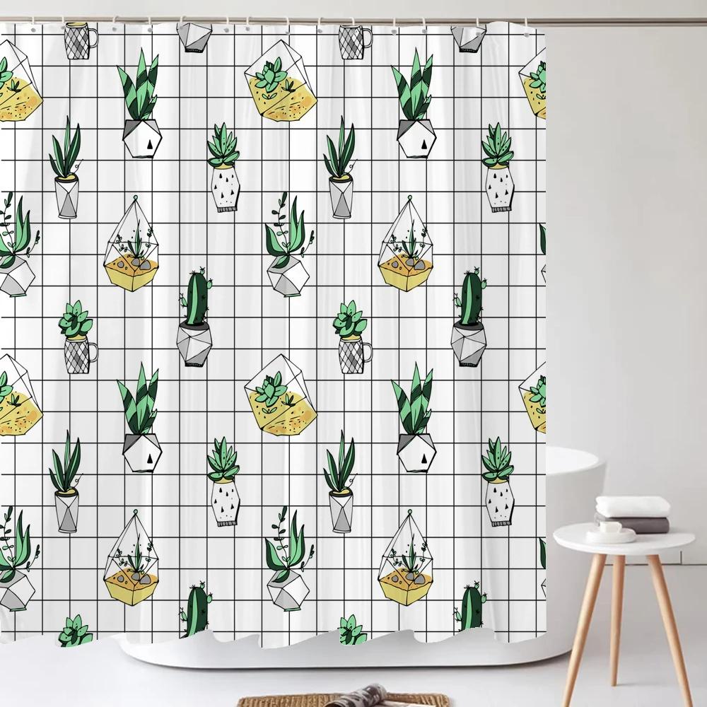 Tropical Plant Cactus Shower Curtain 180cm *180cm with Hooks, Floral Waterproof Shower Curtain, Shower Curtains for Bathroom
