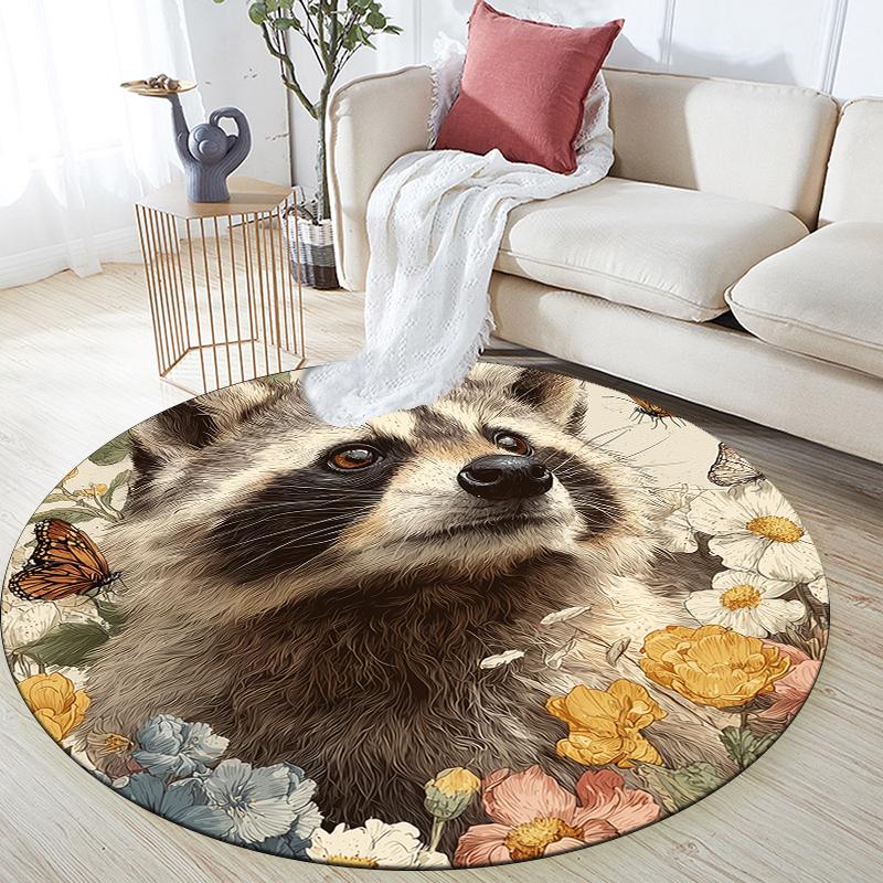 Raccoon and Flowers pattern round rug,Carpet Rug for Living Room Bedroom Playroom ,Non-slip Floor Mat,Holiday Gifts and Birthday Gifts.