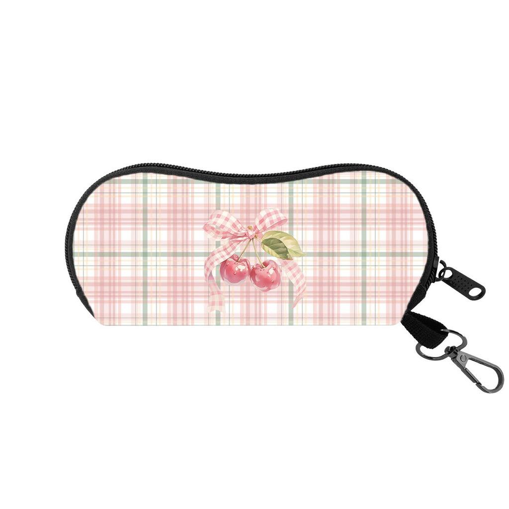 Portable Felt Sunglasses Pouch Soft Shockproof Zipper Eyeglass Case with Metal Clip Check Pattern Printed Eyewear Storage Bag