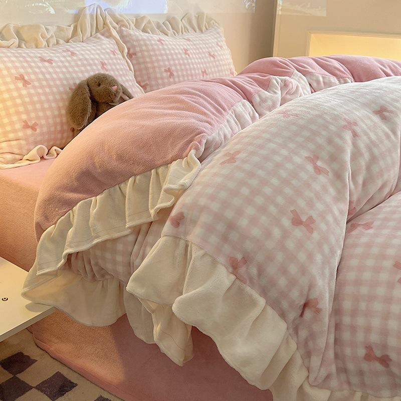 Thickened Milk Fleece Four-Piece Set, Fleece Quilt Cover, Bedding, Coral Flannel Bed Sheet Three-Piece Set