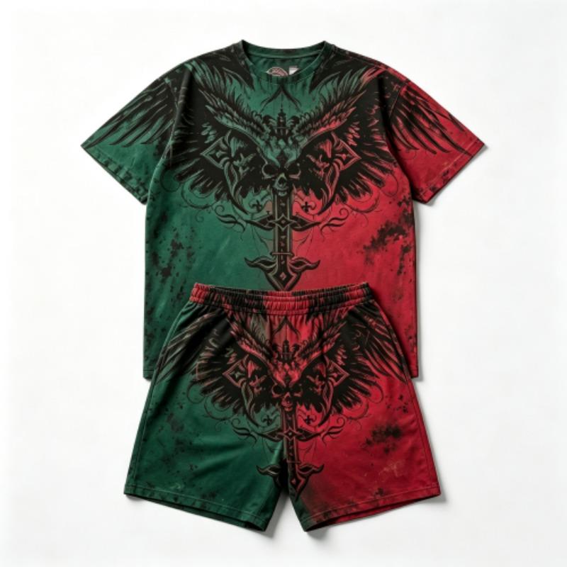 Summer Fashion Y2K Vintage Cross Skull Wings Graphic Printed Round Neck Short Sleeved T-Shirt And Shorts Set Men's and Women's T-shirt Shorts Set