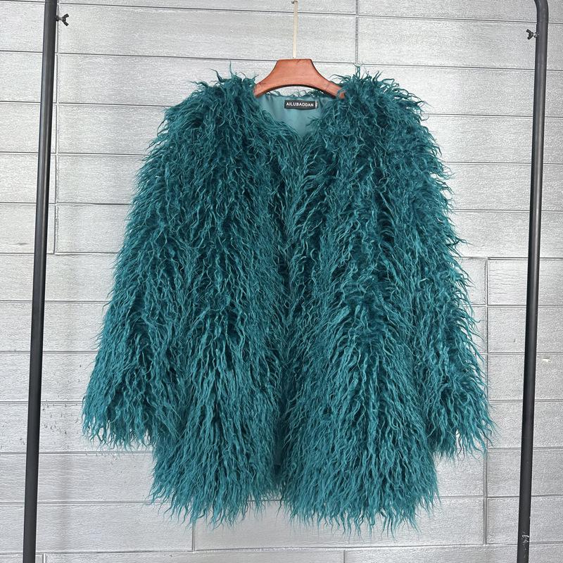 Korean Style Women's Tan Faux Lamb Wool Mid-Length Coat