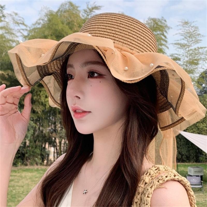 Elegant Sun Hat For Women Paper Straw Breathable And Foldable Lace Bowknot Wide Brims Panama Hat for Camping Travel