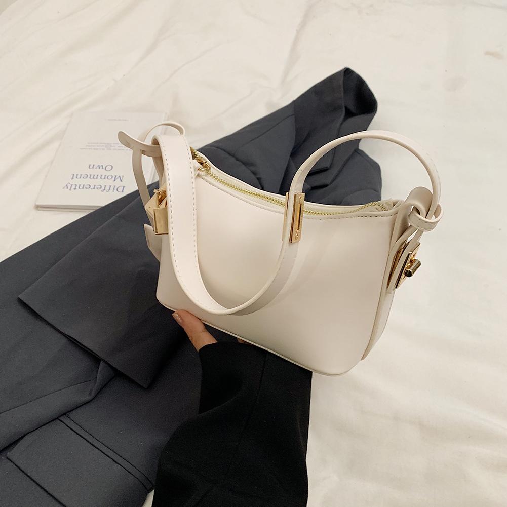 

Women Leather Underarm Bag Solid Color PU Leather Hobo Tote Handbag Zipper Trendy Hobo Bag with Lock Decor Everyday Purses білий