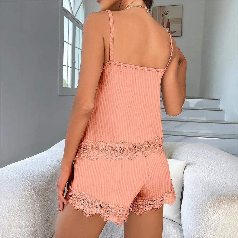 Frauen Sexy Sling Pyjama Set Spitze Strapsoberteil + Elastische Taille Shorts Weibliche Freizeit Stil Zu Hause Kleidung Anzug Nachthemd Anzüge