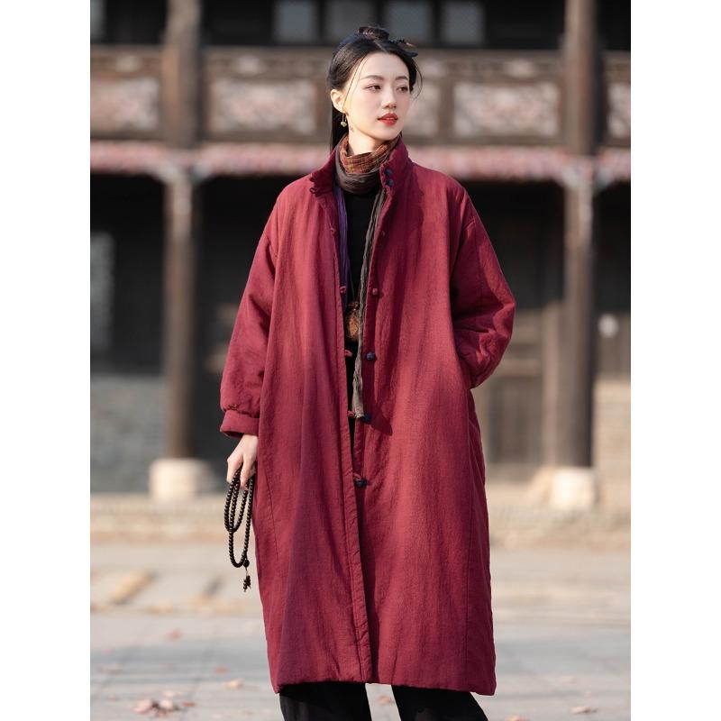 25 cotton and linen women's original new loose retro sand wash disc buckle long cotton clothes women's padded cotton clothes
