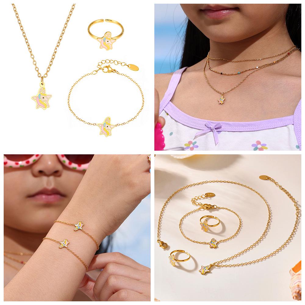Qiong Yao Rainbow Unicorn Star Jewelry Set: Necklace, Ring, Anklet, Bracelet - Children's Wear, Non-Fading, In Stock