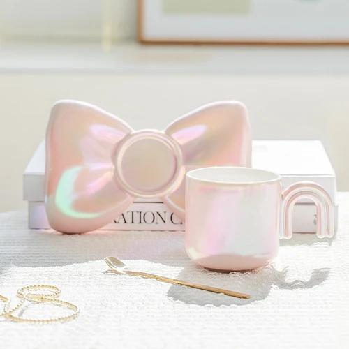 Bow Knot Coffee Cup Saucer Set Light Luxury Ceramic Mug Couple Afternoon Tea Coffee Cup Nordic Home Breakfast Milk Cup Gifts