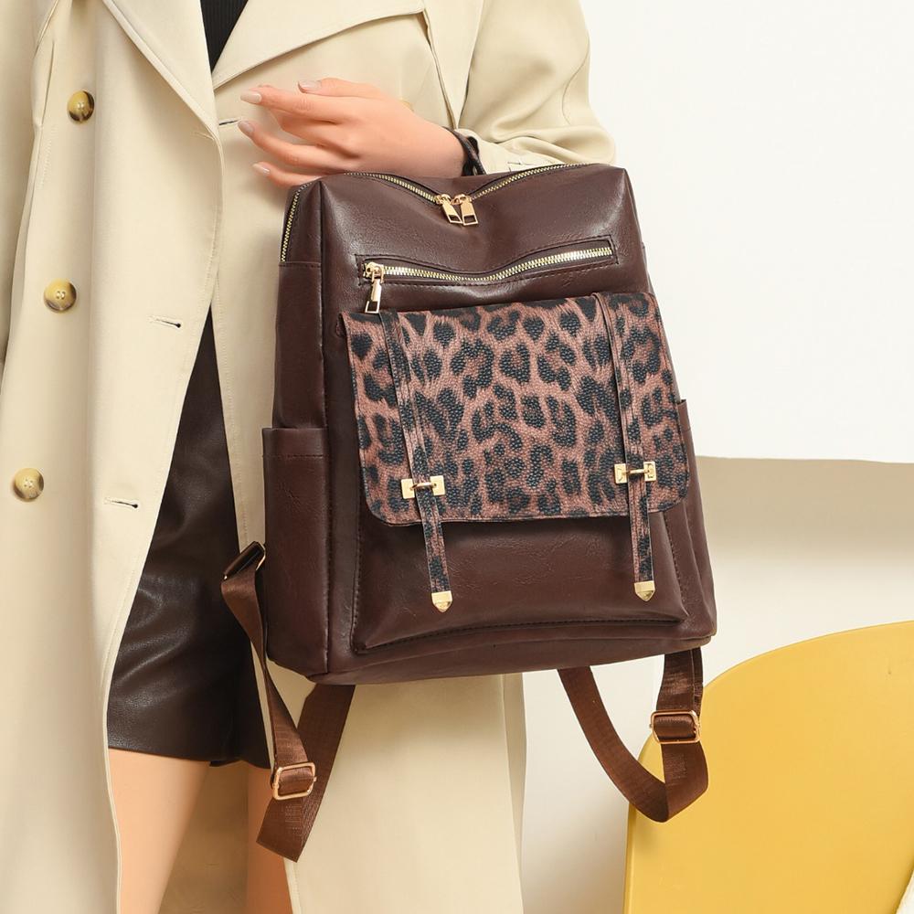 Vintage Rucksack mit Leopardenmuster Damen Schultertasche Studentenrucksack