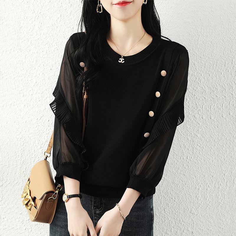 Korean Gauze Patchwork Blouse 3/4 Sleeve Women's Clothing Commute Solid Color O-Neck Spring Autumn Button Basic Knitted Shirt