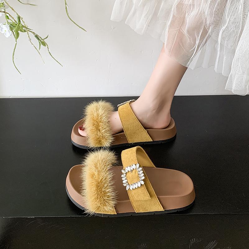 Fashion Women Summer Casual Fluffy Slippers With Fur Flat Non-Slip Fox Fur Furry Slides Large Size Shoes Fur Sandals