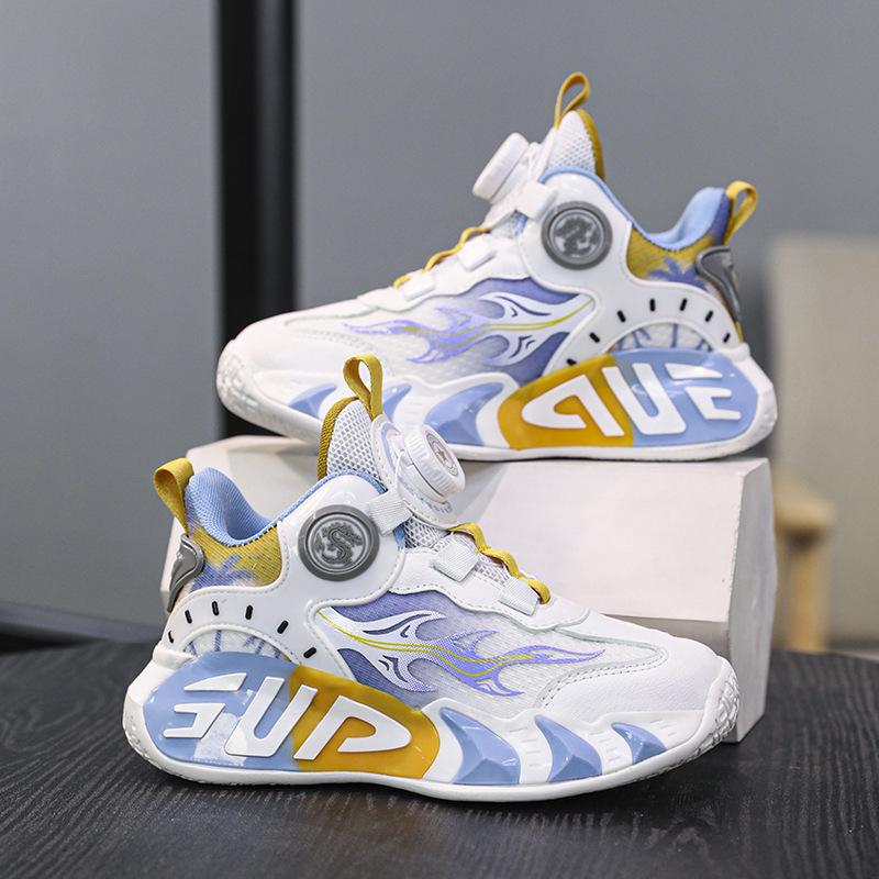 Children's Basketball Shoes Men's Rotary Buckle Sports Shoes Friction Sound All Seasons Through Mesh Breathable Lightweight Training Shoes Women