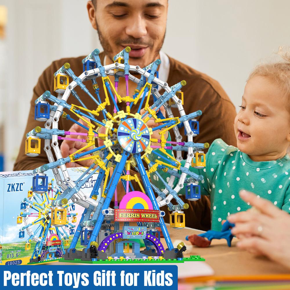 Non-Toxic City Friends Rotating Ferris Wheel Building Blocks Moc Pink Blue Electric Bricks With Light Toys For Children Christmas Diy Gift