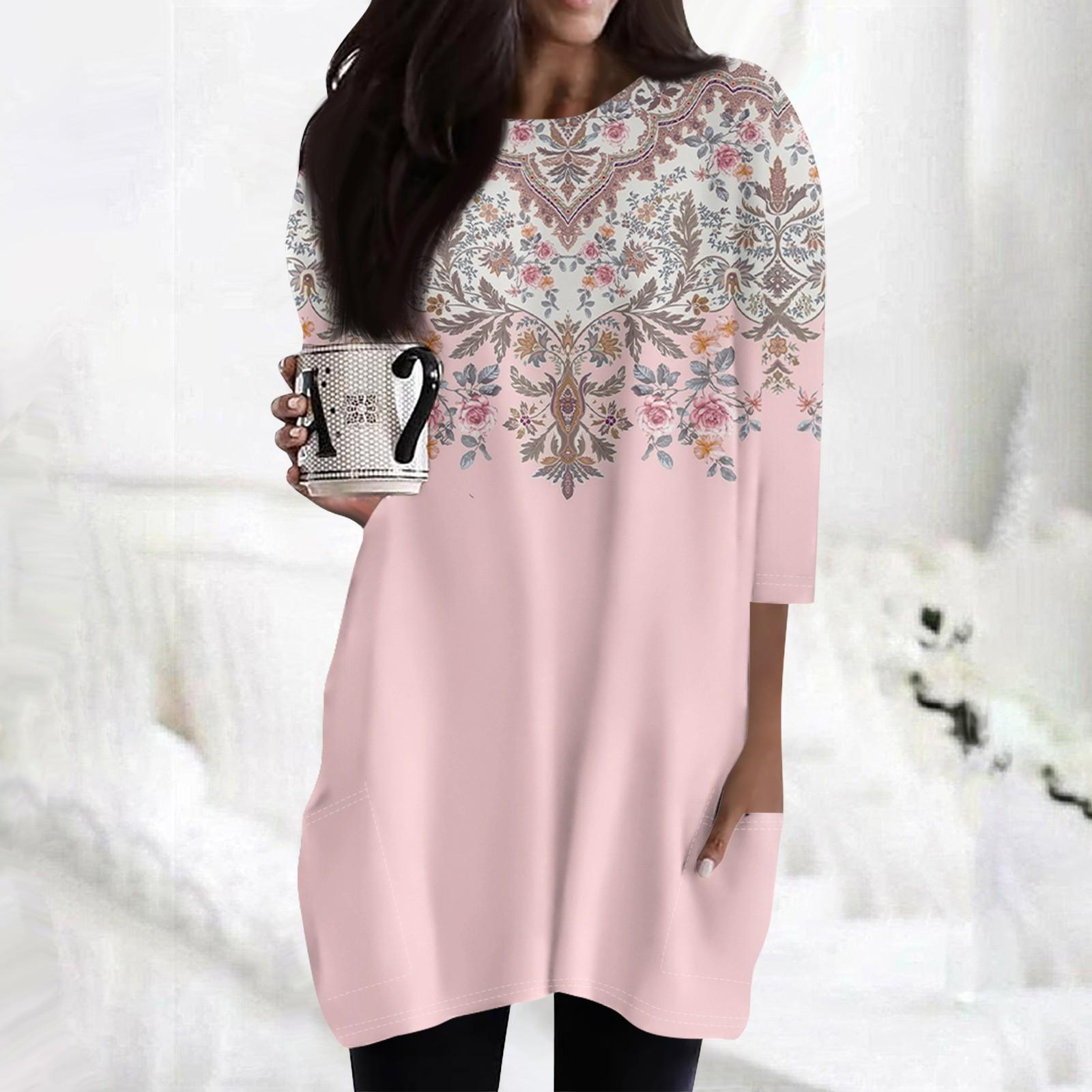 

Женские повседневные рубашки с рукавами 3/4, модные туники с принтом, топы с карманами S розовый