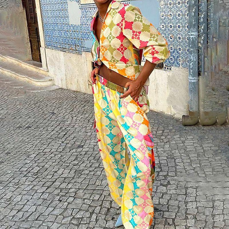 

Printed Two-Piece Set Fall New Arrival European and American Women s Clothing Loose Print Long Sleeves Loose Pants Suit Picture Color 3XL