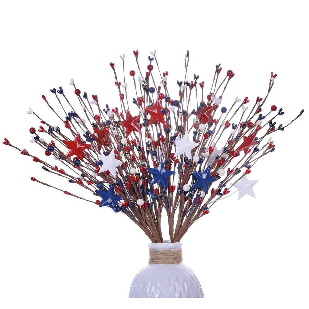 Independence Day Patriotic Branch Decoration, Branch Decoration With Stars, Independence Day Berry Stems, Patriotic Branch Decoration.