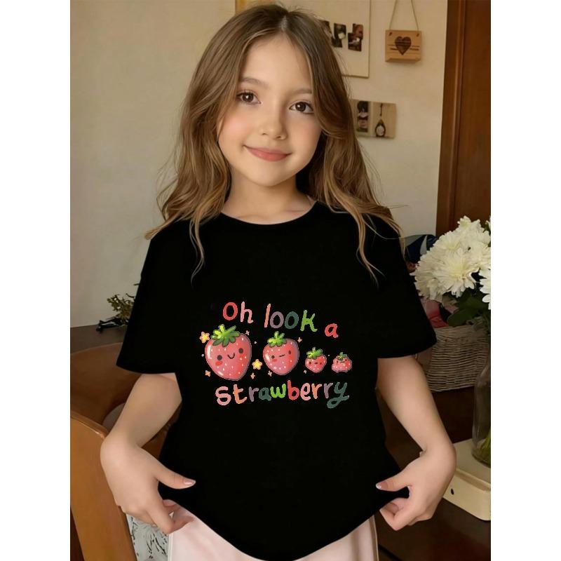 European sizes A Trendy And Relaxed Short-Sleeve T-Shirt with a Round Neck for Girls, Adorned with an Adorable Cartoon Strawberry Design