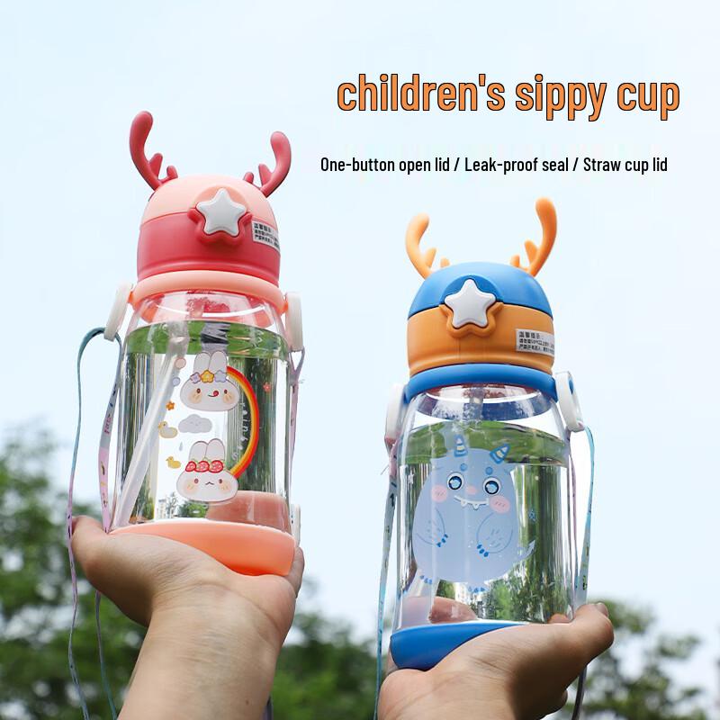 Kids' Cartoon Straw Water Bottle with Strap