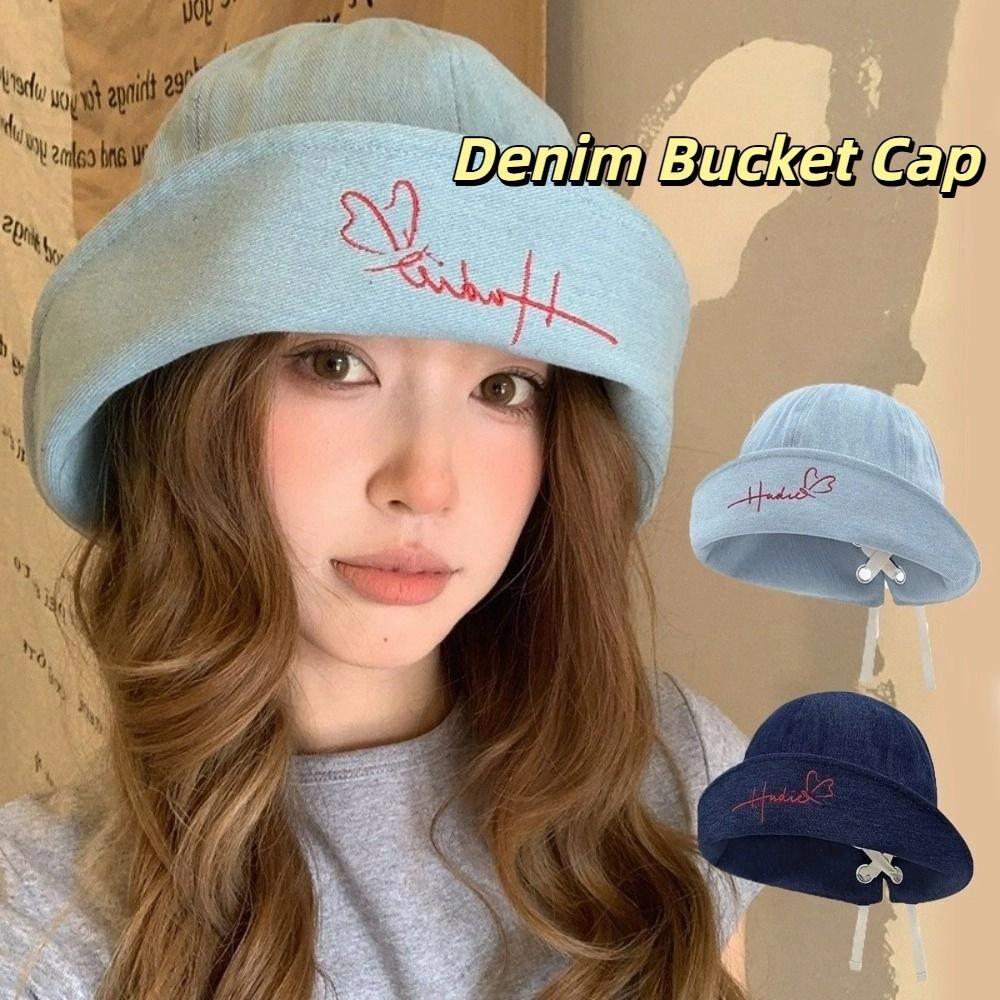 Versatile Denim Fishing Cap Korean Sun Protection Hat Foldable Denim Bucket Cap  Streetwear