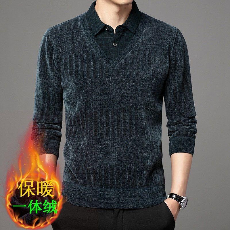 Middle-aged Men's Velvet Thickened Shirts Elderly Winter Clothes Fake Two-piece Base Shirts Men's Warm Sweaters