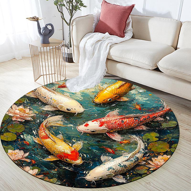 Koi Fish Round Area Rug,Carpet Rug for Living Room Bedroom Sofa Playroom Decor,Non-slip Floor Mat