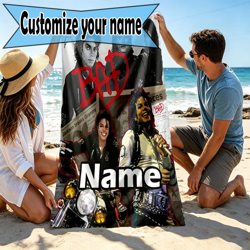 Personalisierbares Strandtuch mit individuellem Namen und Michael Jackson Druck, für Reise Camping Strandparty Heimdeko, Geburtstagsgeschenk für Familie & Freunde