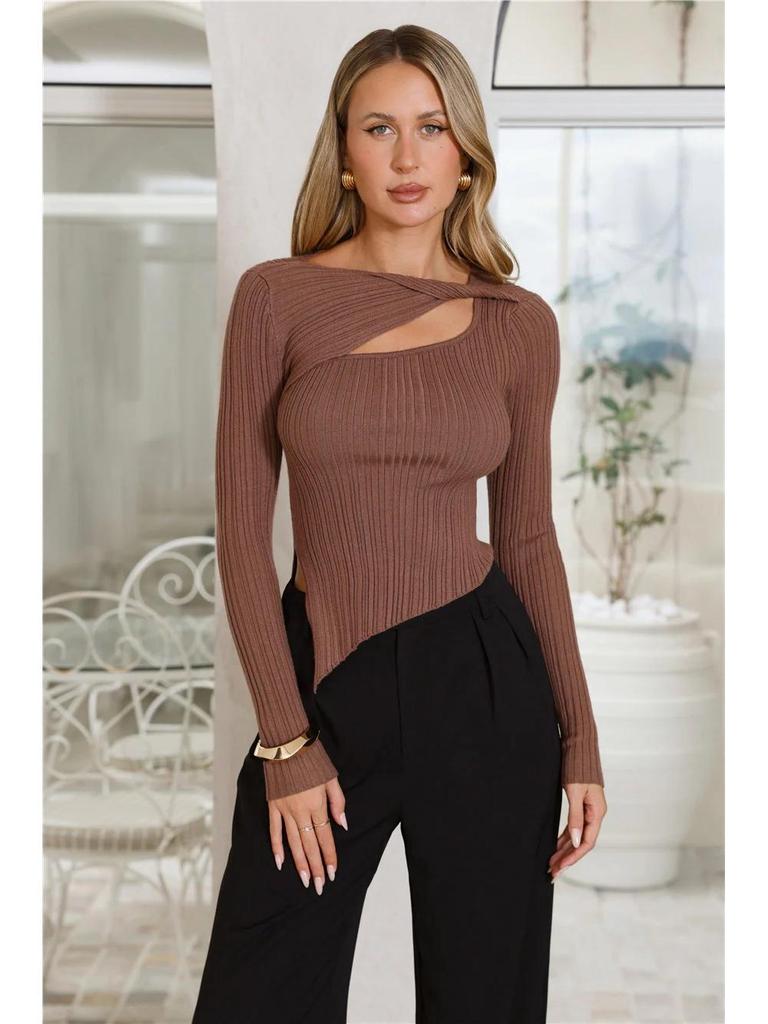 European Women's New Fashion Ribbed Slit T-shirt: Solid Color Autumn Winter Slim Casual Top