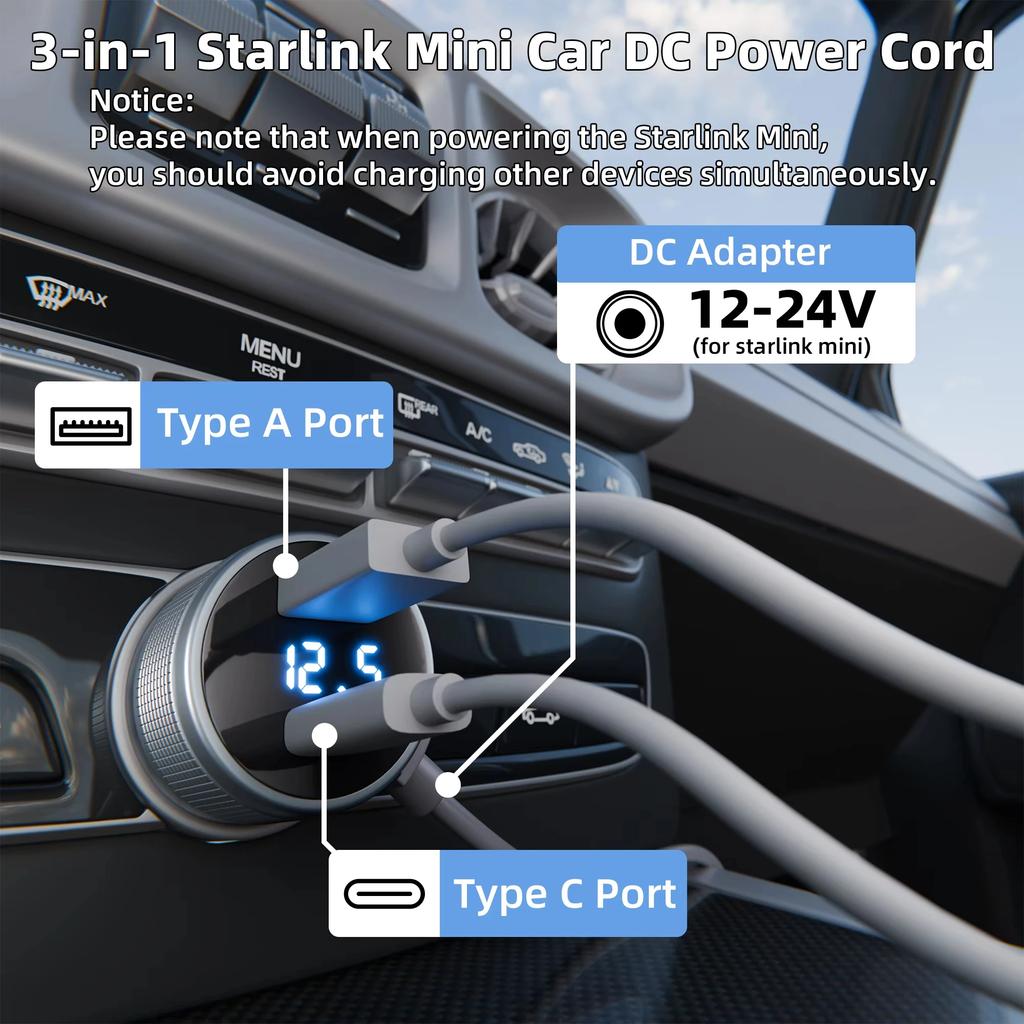 For Starlink Charger USB Type C Cigarrete Lighter Car Charger 12V-24V Vehicles 2M Digital Voltmeter Waterproof Extension Cable
