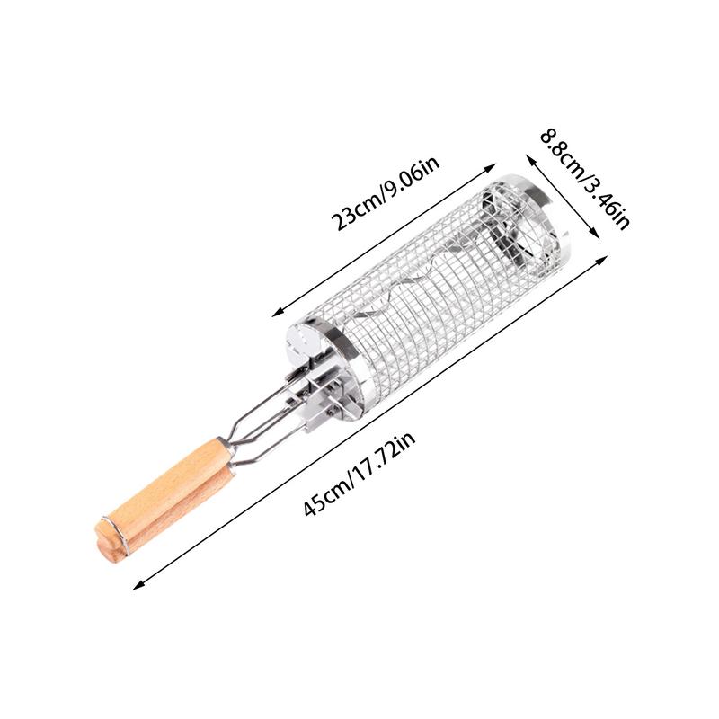 Grill Baskets for Outdoor Grill Stainless Steel Rolling Grilling Basket Portable Outdoor Camping BBQ Rack with Wood Handle