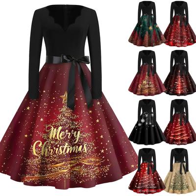 Christmas Print Flare Dress For Women Long Sleeve Dress Hollow Party Casual Dresses