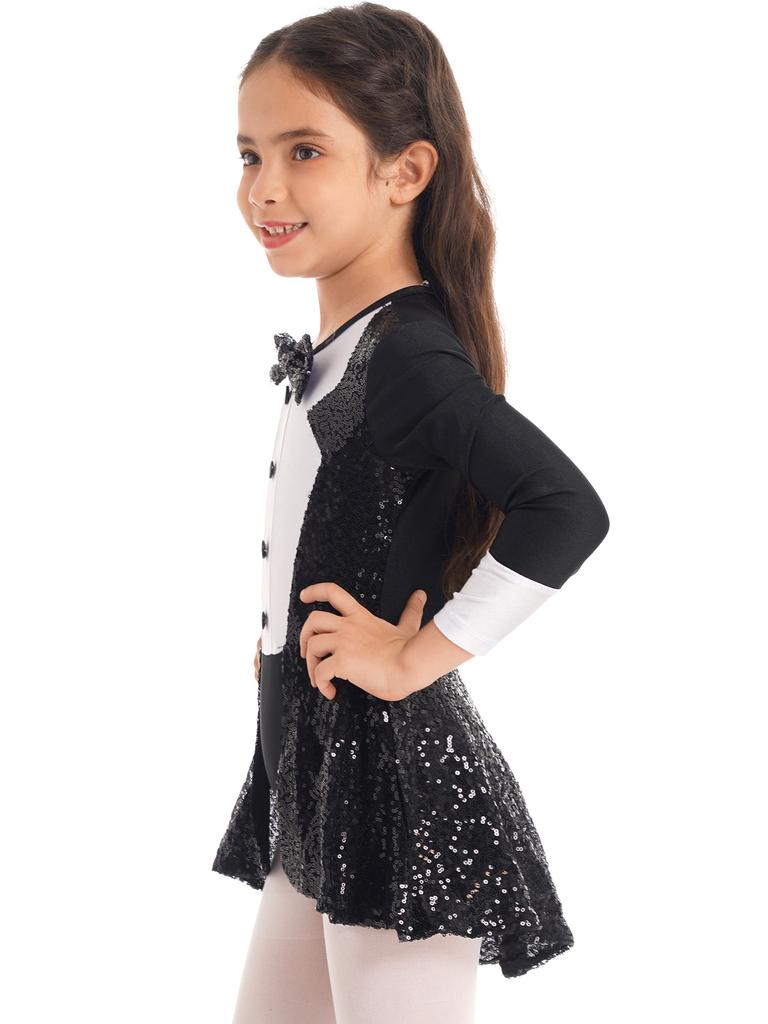 Girls Dance Leotard Round Neck Long Sleeve Bow Tie Sequins Adorned Gymnastics Costume Performance Bodysuit