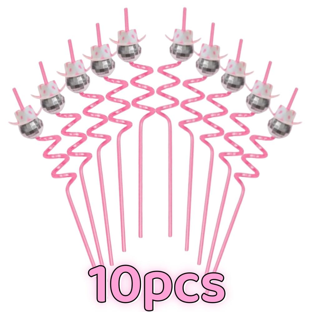 10/20pcs Reusable Disco Straws with Pink Cowboy Toppers Drinking Straw Set for Themed Events Anniversary Party Decor Supplies