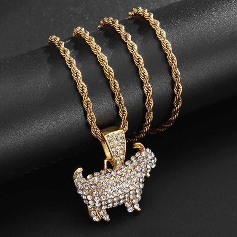 Hip Hop Shiny Goat Pendant Necklace For Women Men Luxury Rock Punk Style Iced Out Zircon Gold Color Rope Neck Chain Jewelry Gift
