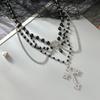Vintage Gothic Love Cross Pendant Stacked Necklace, Dark Beaded Chain Collarbone Chain