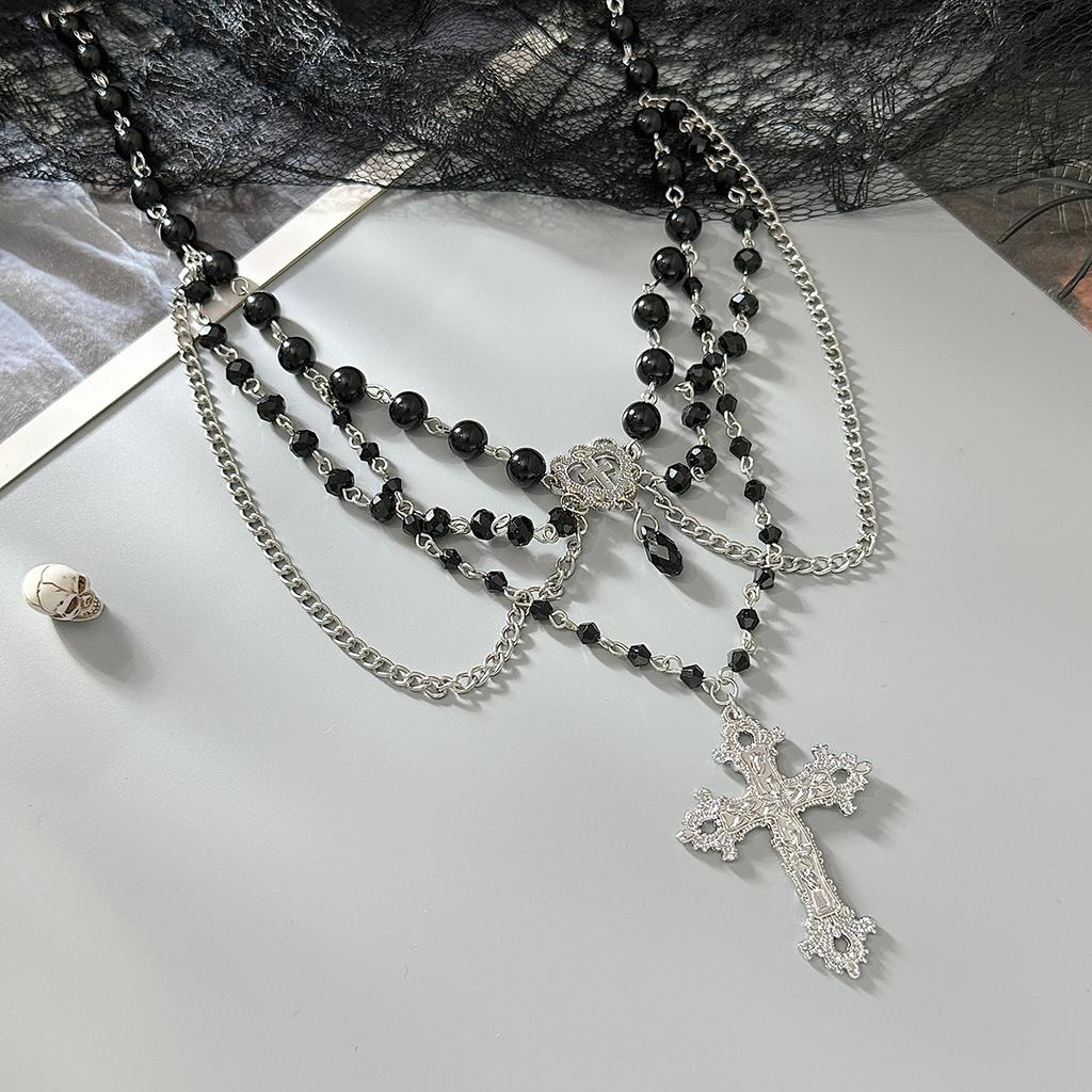 Vintage Gothic Love Cross Pendant Stacked Necklace, Dark Beaded Chain Collarbone Chain
