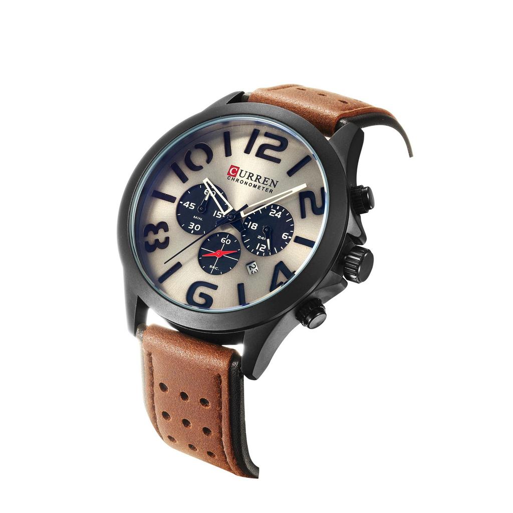 CURREN M8244 Men's Six-Hand Quartz Watch, Sporty Waterproof Design with Genuine Leather Strap and Single Calendar.
