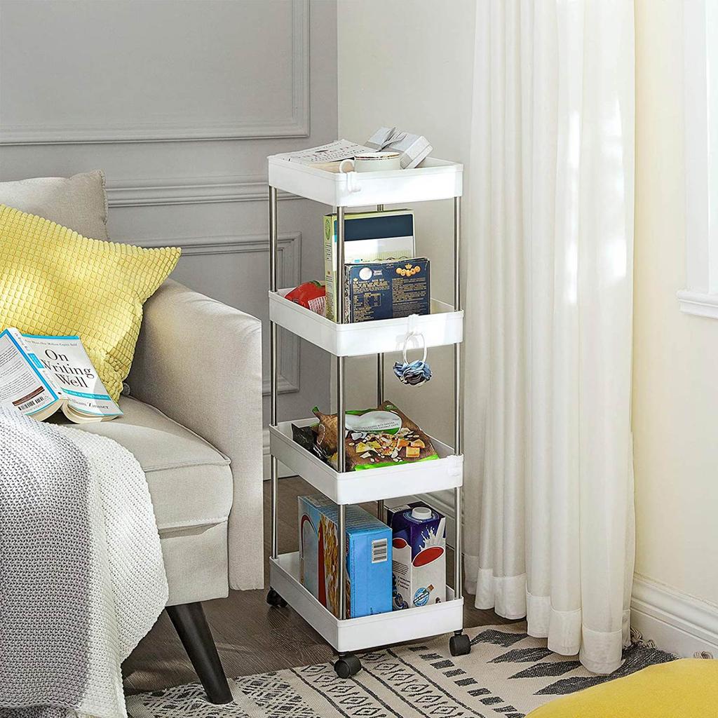 SONGMICS 4-Tier Storage Trolley, Rolling Cart with Wheels, Space-Saving Kitchen Trolley in Office Bathroom, 40 x 22 x 86 cm, White