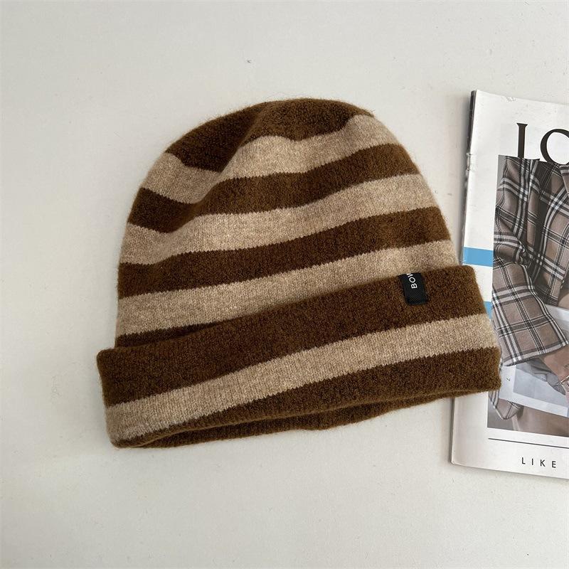 Striped letter sewn label roll brim casual retro fashion versatile street wool hat stack hat