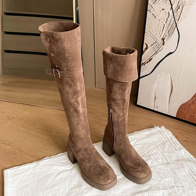 ! Over-knee boots women's winter new lamb wool elastic boots boots thick high-heeled boots
