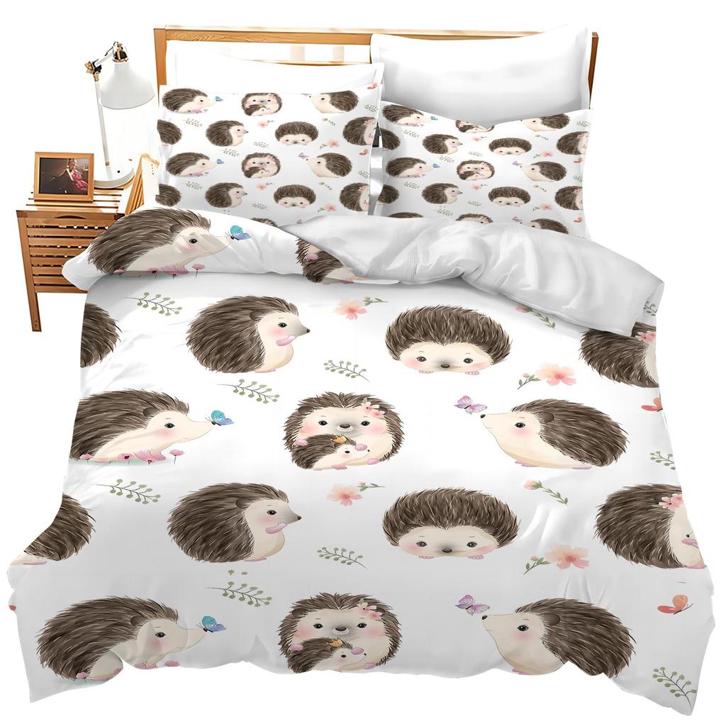 Kawaii Hedgehog Duvet Cover Set Green Cactus Plant Comforter Cover Boys Girls Adults Teens Cartoon Mushroom Bedding Sets 2/3 Pcs