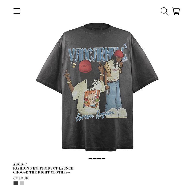Ve Fun Top Printed Short Sleeve Loose Casual Cartoon T-Shirt High Street O Couple Character Rsize Male Tide