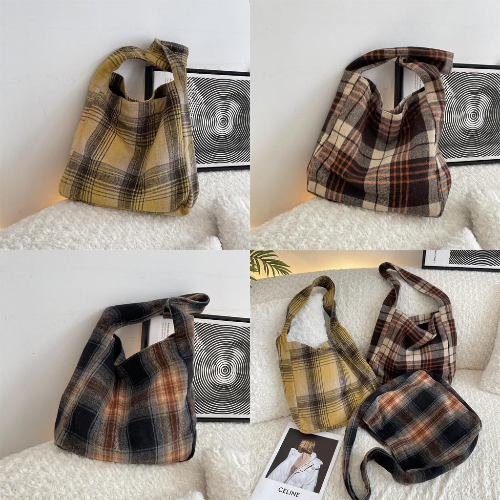 Stylish College Style Plaid Wool Shoulder Bag Spacious Crossbody Tote For Students