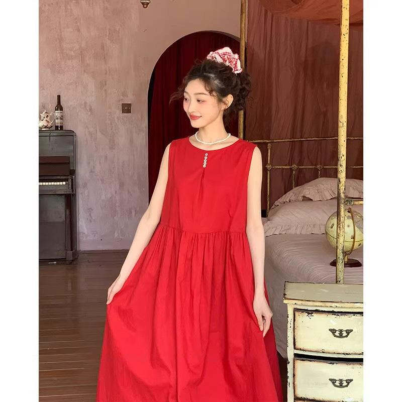 

Holiday style dress retro red lace-up design loose vest skirt long dress A-shaped skirt covering meat S красный